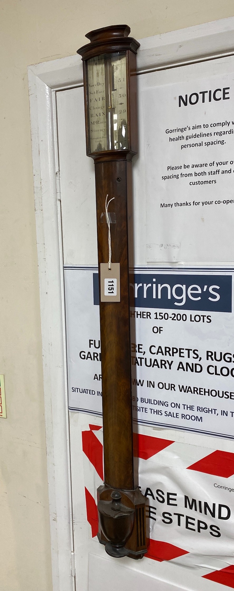 A George III mahogany bow front stick barometer, marked Worthington and Allan, London, height 99cm